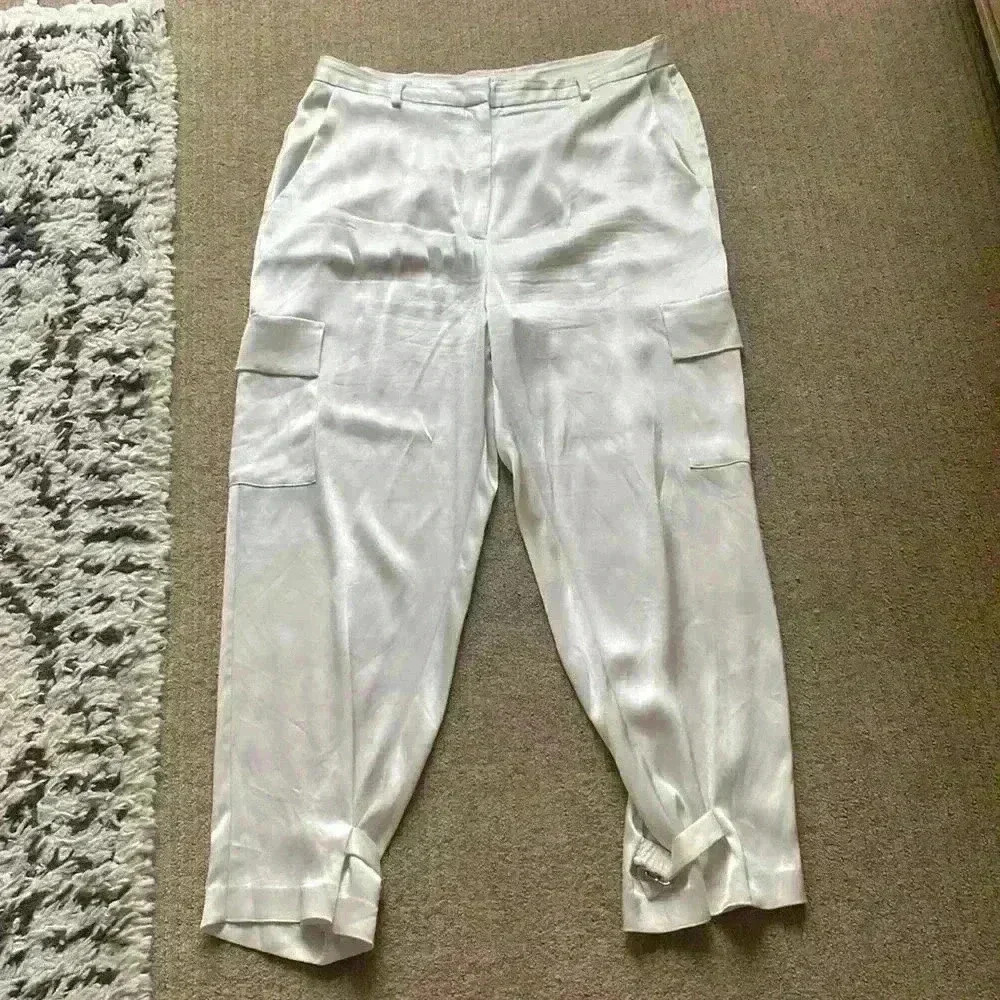 Babaton Refined Satin Cargo Pant, bone/white high waisted pant, size 16.